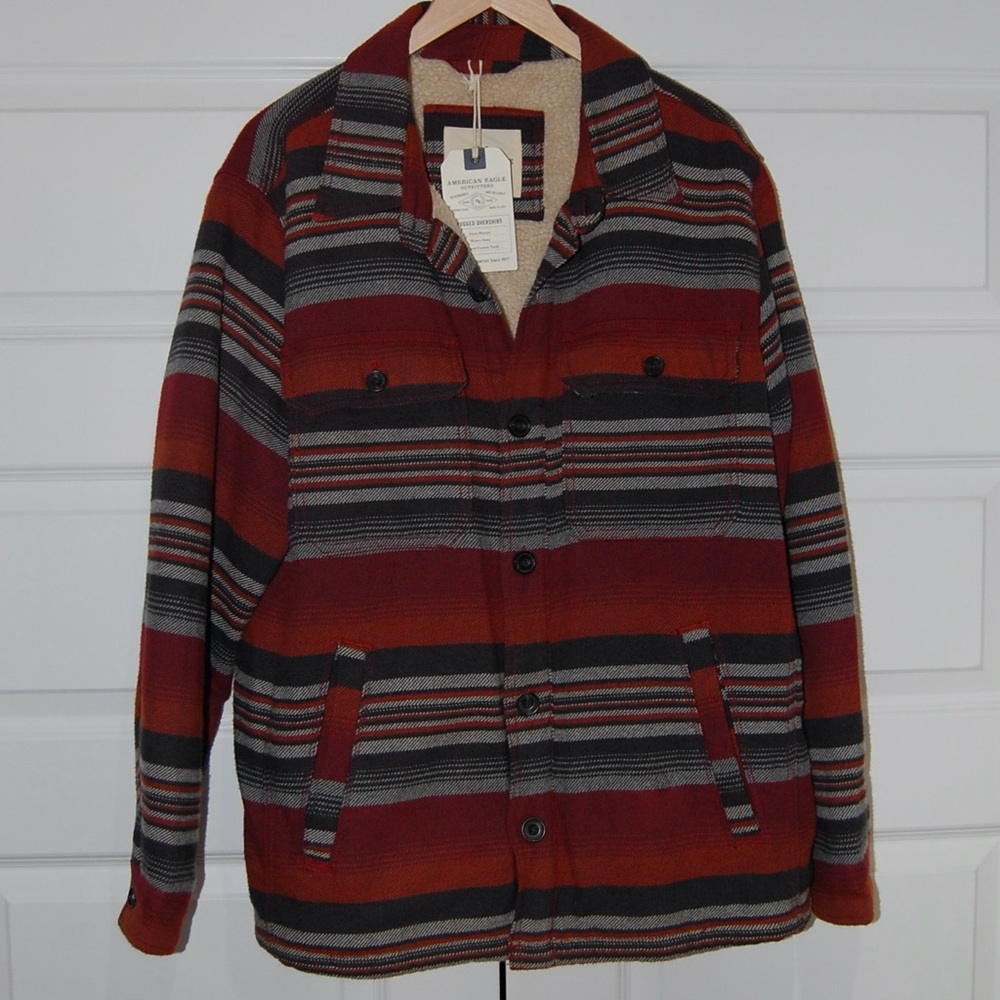 American Eagle Outfitters Men's Red and Black Striped Jacket - New